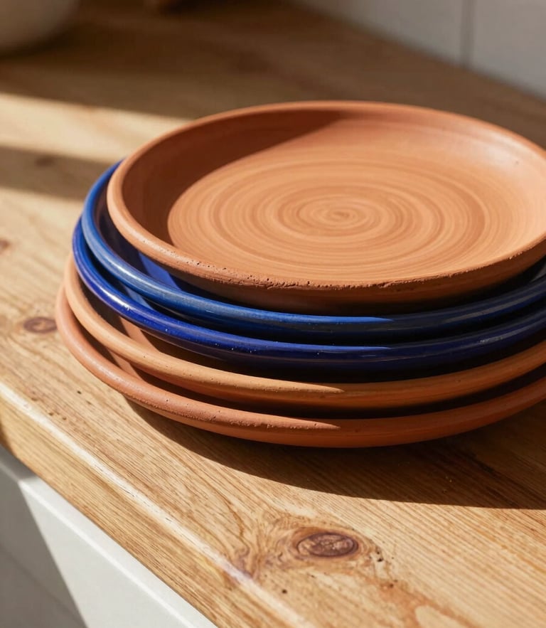 A warm editorial shot of stacked terracotta and cobalt plates on a rustic wooden kitchen counter, bathed in bright morning sunlight, showing rich clay textures.