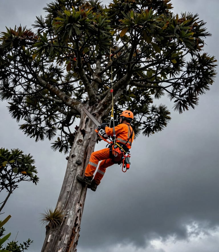 Dramatic vertical portrait of a professional arborist in high-visibility orange harness and helmet, suspended high in a massive native Coihue tree under heavy, dark overcast Chiloé skies, holding a chainsaw securely.
