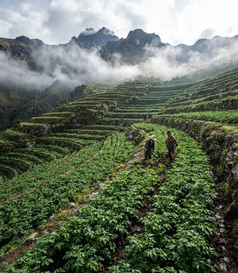 Sharp commercial photography of a terraced potato crop in the Venezuelan Andes under morning mist, bright highland daylight, clean white and deep green tones, high-contrast, 50mm lens