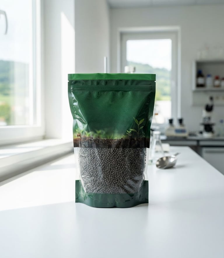 Pack of premium agricultural fertilizer on a clean white laboratory table, bright highland daylight coming from a window, professional studio lighting, high contrast