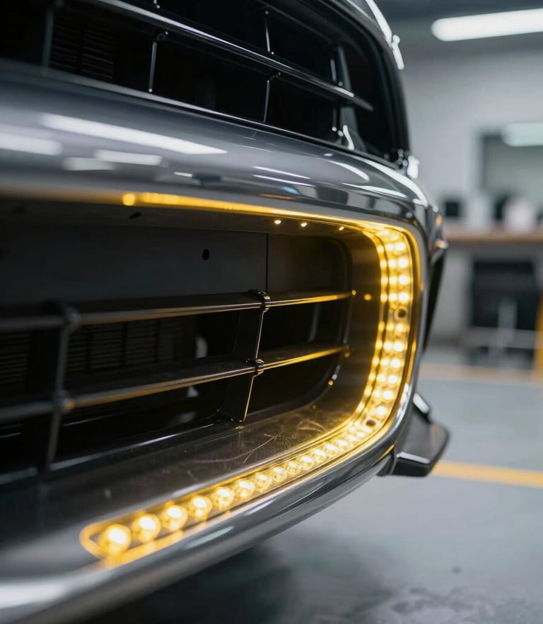 Extreme close-up of a high-end car bumper being repaired, yellow LED line-board reflection highlighting the flawless curve, clinical workshop background