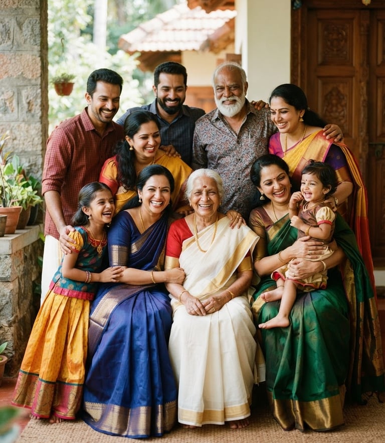 A warm portrait of a multi-generational South Indian family smiling together, bright natural daylight, rich colorful traditional garments, 35mm film style