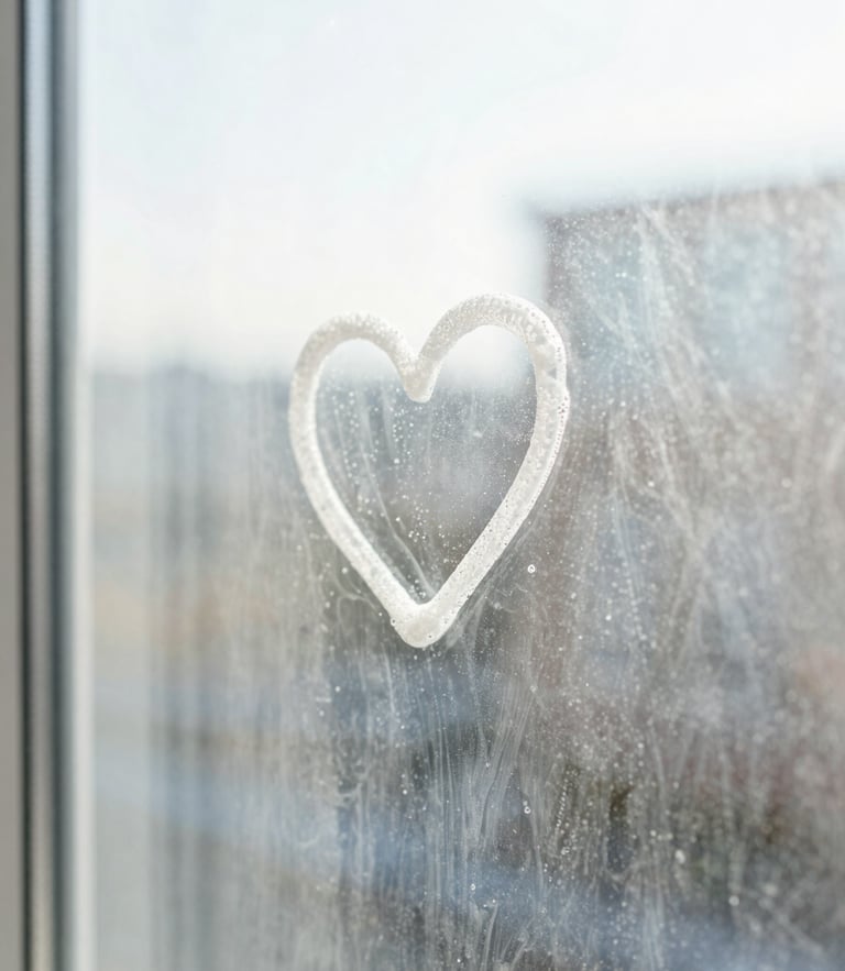 Close-up of a clean glass window with a small, hand-drawn soap heart detail on the steam, bright natural morning light, soft focus, warm and human touch