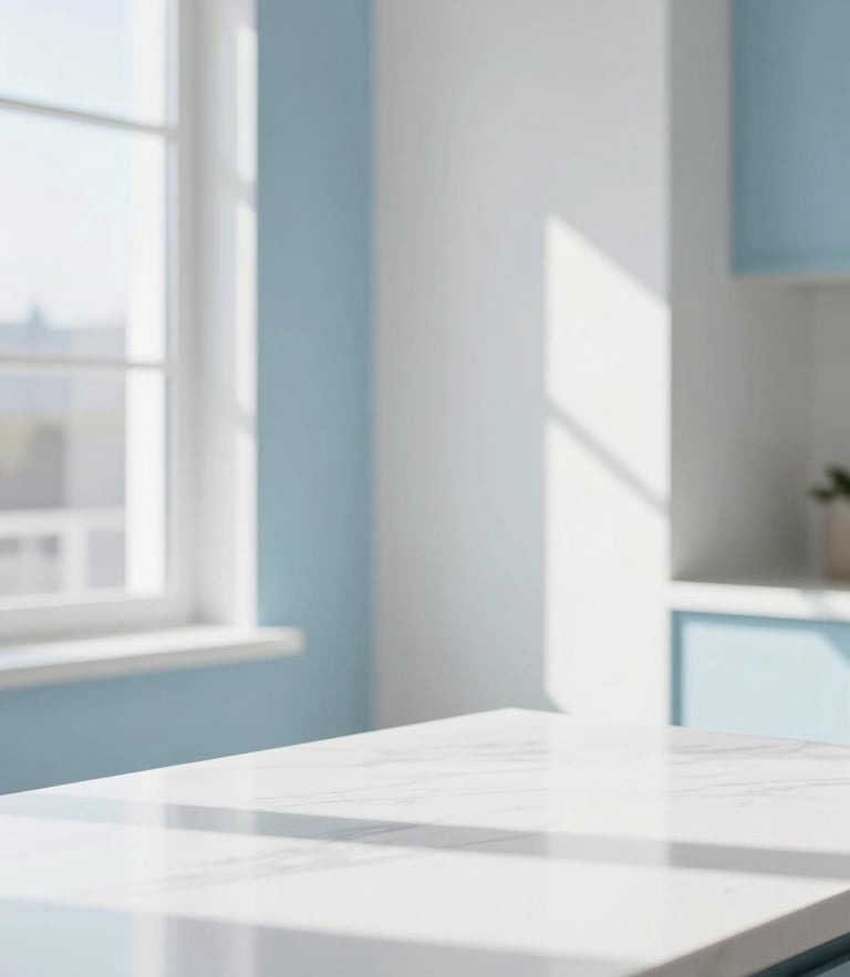 Bright editorial photography, sun-drenched daylight, a high-end residential interior with sparkling clean surfaces, soft blue and crisp white tones, 35mm lens.