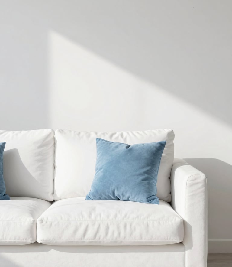 Bright sun-drenched minimalist living room, clean white sofa, soft blue cushions, sharp focus, editorial photography