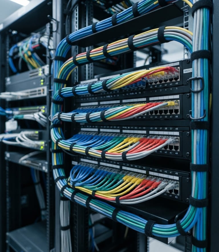 Crisp close-up shot of color-coded patch panels and labeled Cat6A terminations, perfectly dressed cables with clean industrial alignment, cool technical lighting