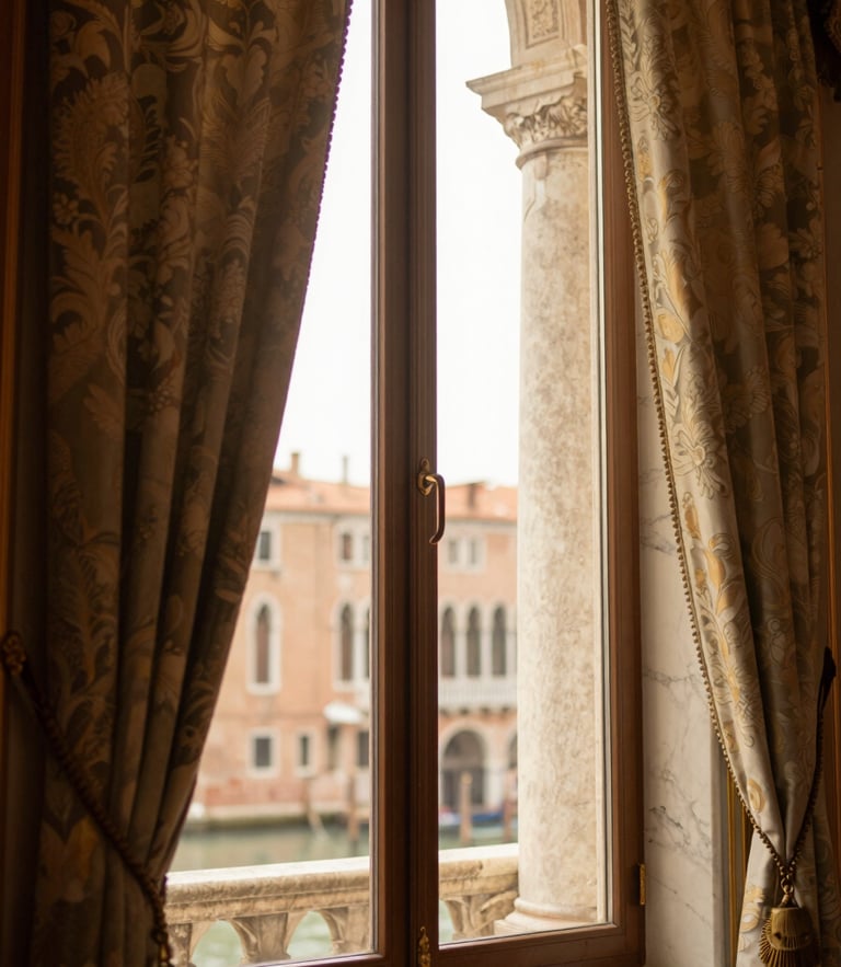 Medium-close shot of golden hour light filtering through a tall Venetian window onto a marble column and heavy damask drapes, warm editorial photography, shallow depth of field