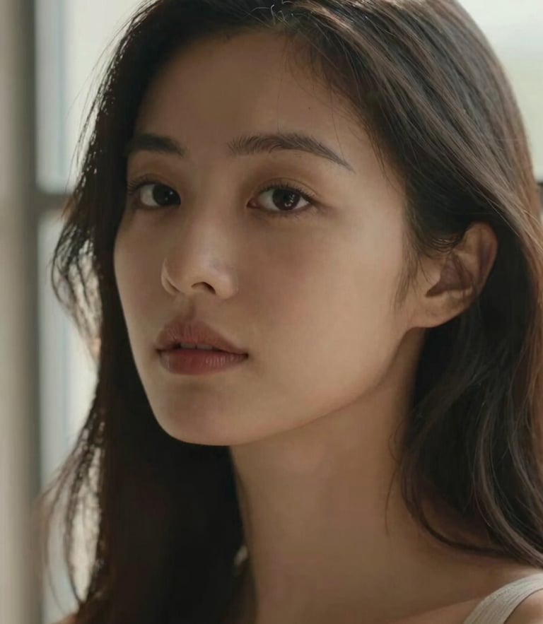 Intimate warm-toned close-up portrait of a woman with a thoughtful expression, soft natural window light, rich contrast, shallow depth of field, cinematic 35mm style