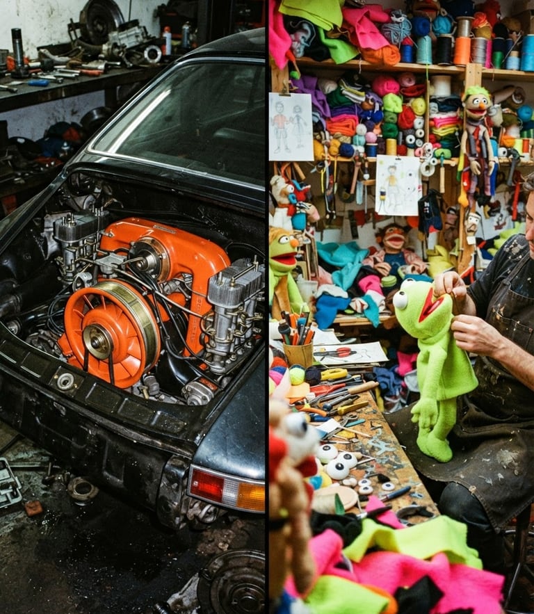 Split screen composition: on the left, a bright orange Porsche flat-six engine; on the right, a chaotic puppet workshop with neon fleece, gritty 35mm film style.