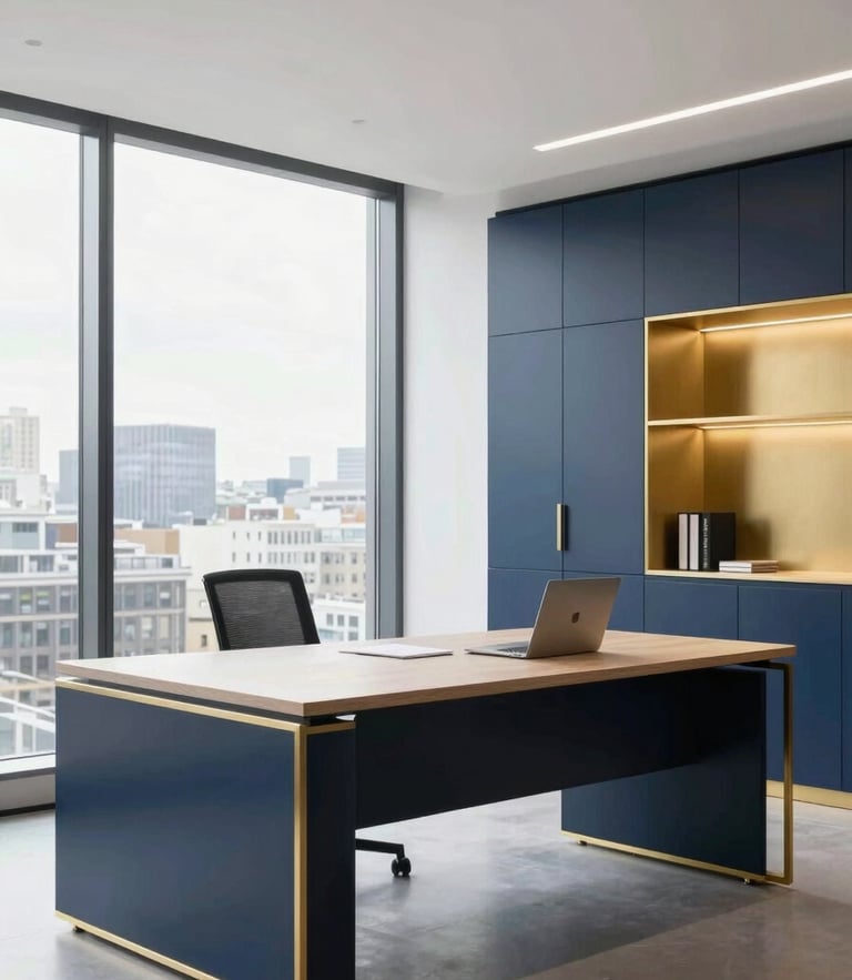 Bright modern London office desk, natural daylight, pristine workspace, navy and gold tones, professional interior photography