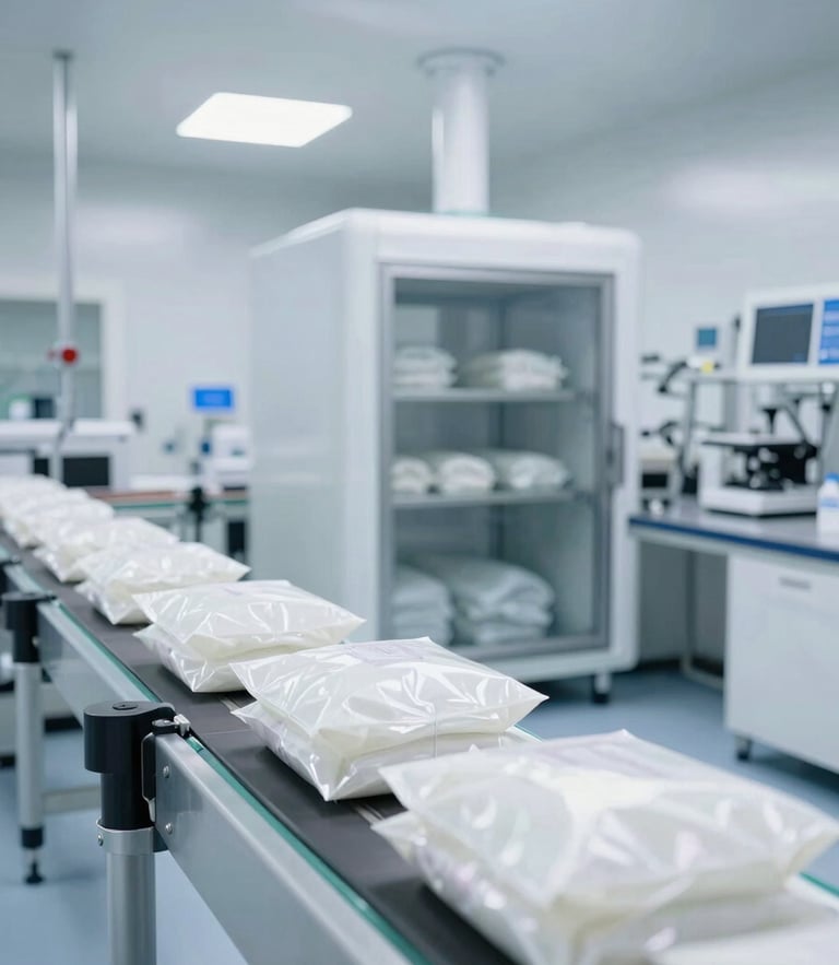 Ultra-clean high-tech pharmaceutical cold-storage facility, sterile laboratory environment, pristine medical packages on automated conveyor, high-key daylight, bright clinical lighting