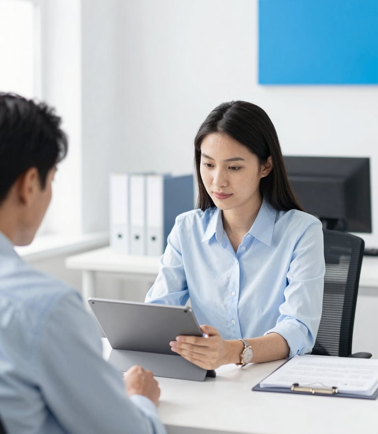 Bright editorial photography of a modern workspace where a client and a lawyer look at a tablet together, natural daylight, clean white and vibrant blue accents, 35mm