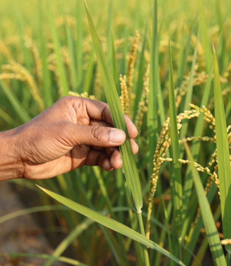 An agronomist in Andhra Pradesh examining healthy green rice crop leaves under bright morning sunlight, scientific detail, sharp focus