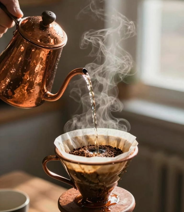 Hands slowly pouring hot water from a copper kettle over coffee grounds in a ceramic dripper, steam rising, warm morning light, shallow depth of field
