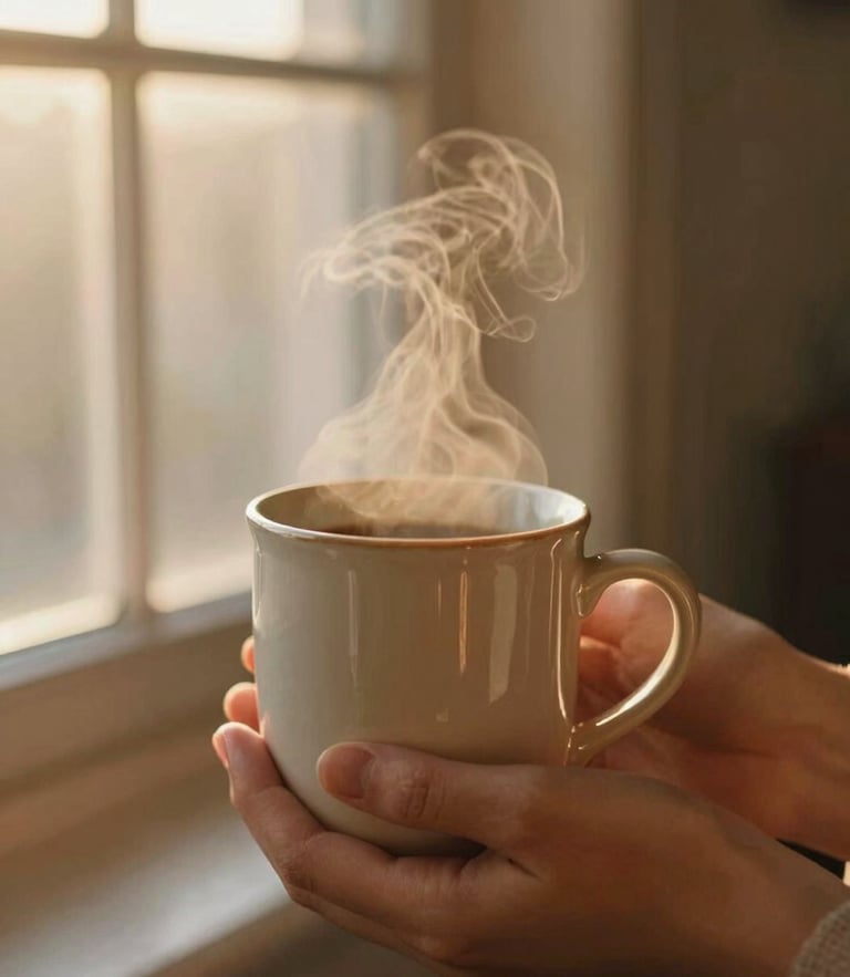 A warm ceramic mug cradled by hands, steam gently rising in golden hour morning window light, shallow depth of field, 35mm film.
