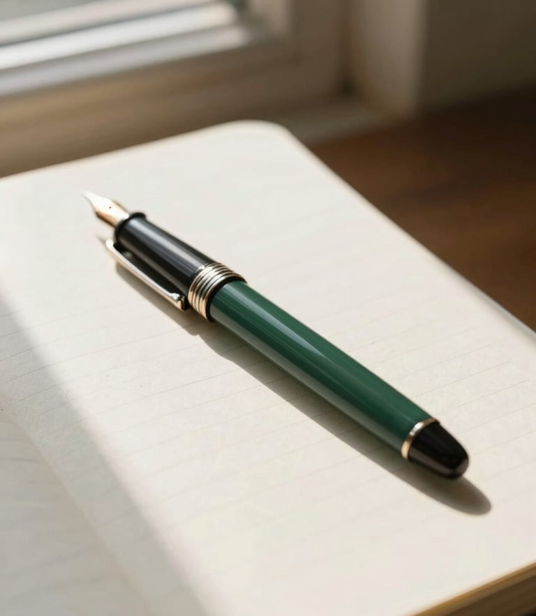 A close-up of a classic fountain pen resting on a clean financial ledger, soft morning window light casting gentle shadows, warm editorial style.