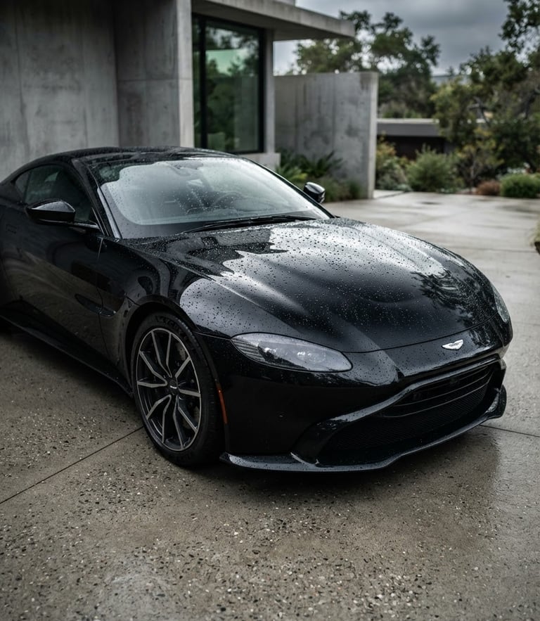 Sleek black luxury sports car parked in a minimalist concrete driveway, high-contrast studio-style lighting reflecting off the pristine hood, water beading sharply, 50mm lens