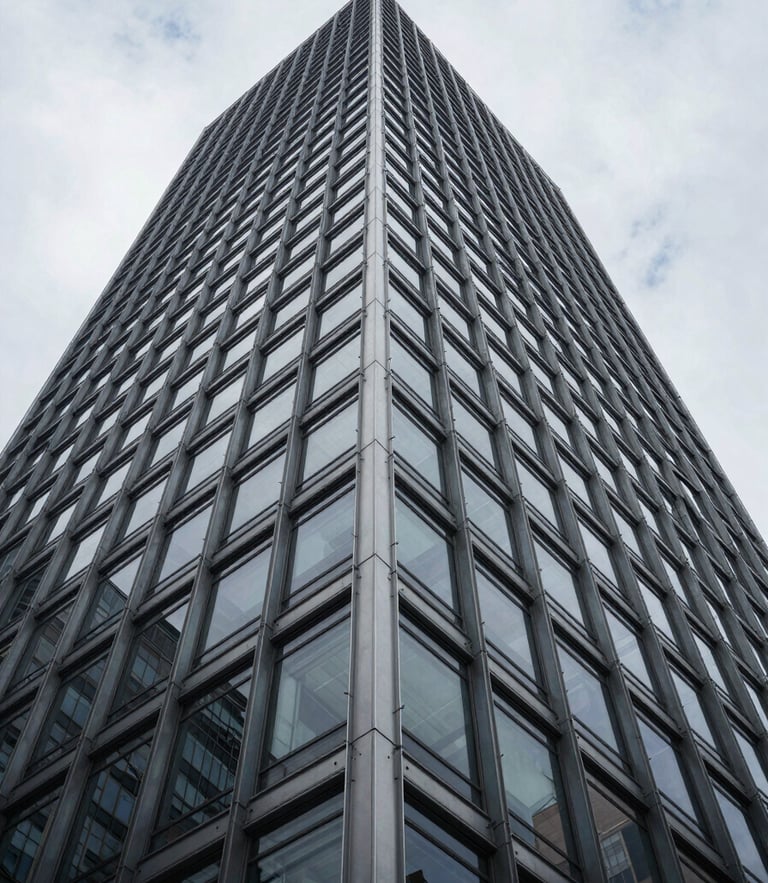 Wide low-angle architectural photograph of a modern steel and glass skyscraper facade, sharp geometric shadows, overcast daylight, minimalist composition.