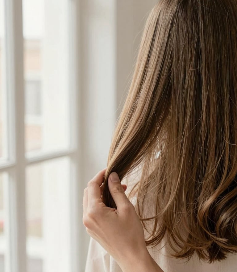 Editorial close-up of a stylist's hands adjusting a soft wave of healthy, shining hair, soft natural window light, warm champagne tones, shallow depth of field
