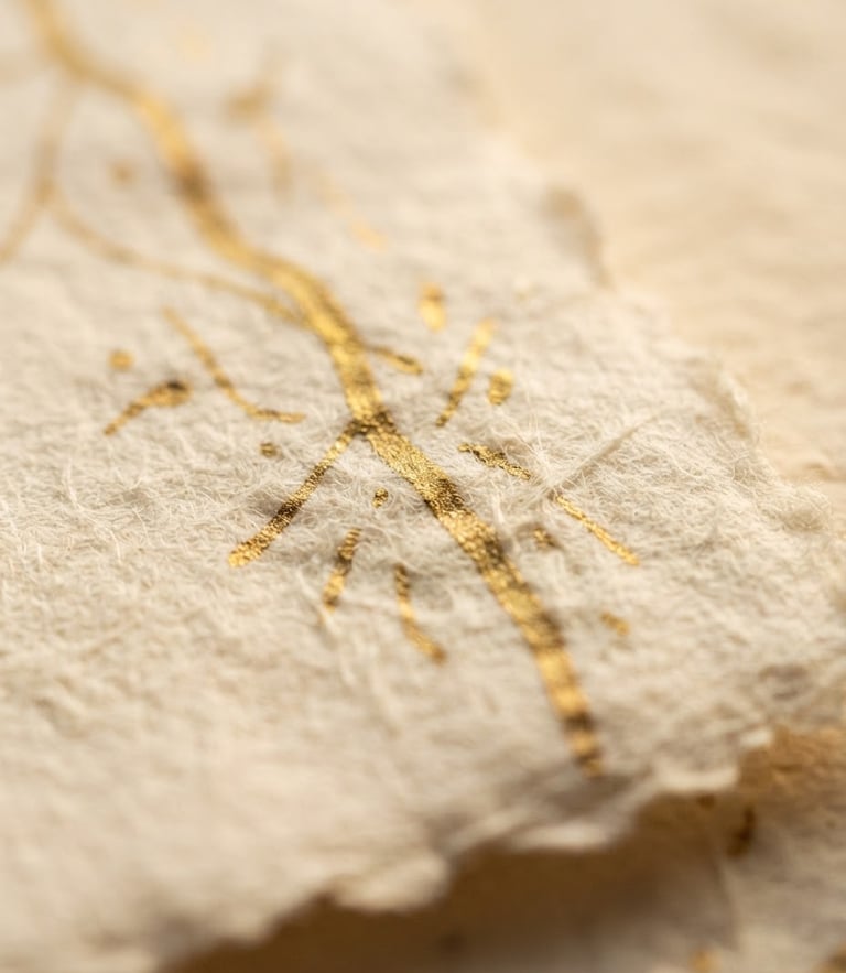 Close-up macro shot of handmade cotton paper texture with gold ink lines, warm diffused side-lighting, shallow depth of field