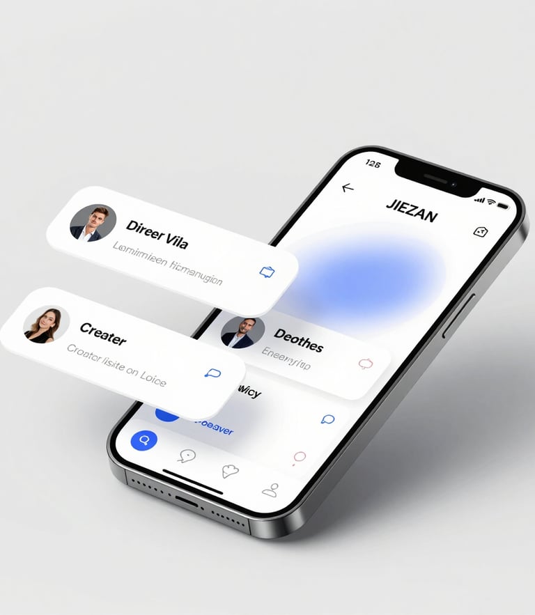 Macro close-up of a sleek smartphone mockup in brushed titanium, floating UI panels with crisp glassmorphism, soft gradient reflections, pure white background.
