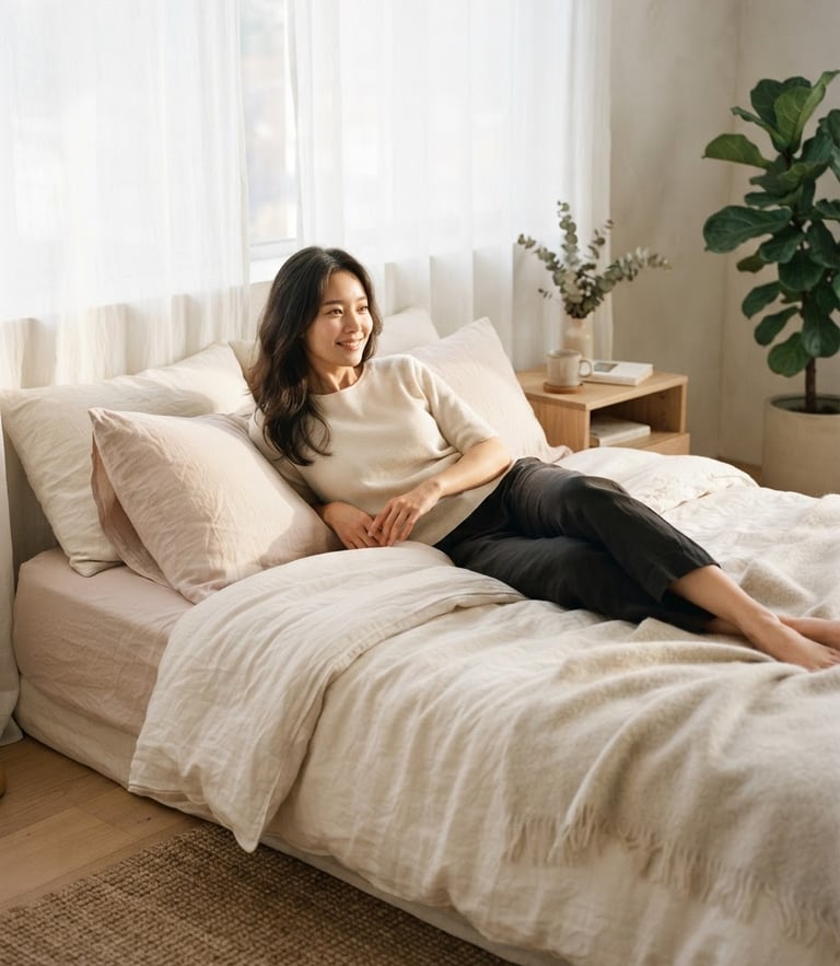 A beautiful Korean model relaxing on a soft linen bed in an elegant premium bedroom, warm natural morning sunlight filtering through sheer curtains, minimalist Scandinavian interior, shallow depth of field, 35mm