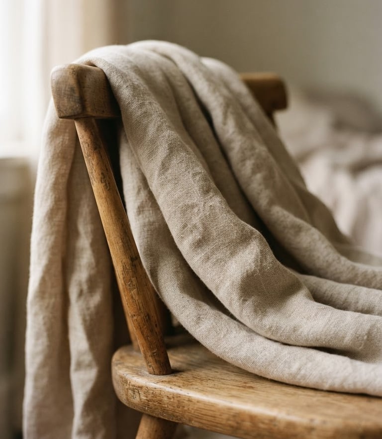 Close-up of premium washed linen fabric draped over a wooden chair in warm morning light, soft shadows, minimalist editorial fashion photography style