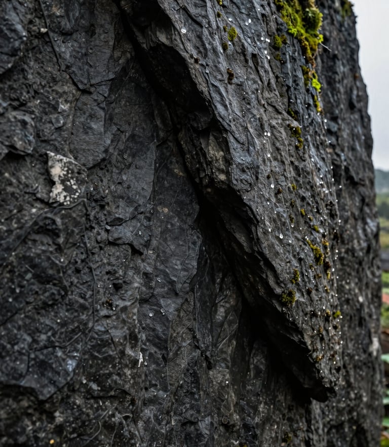 An editorial close-up of a hand-carved dark slate rock texture, dramatic side-lighting highlighting the deep crevices, water droplets glistening on the surface