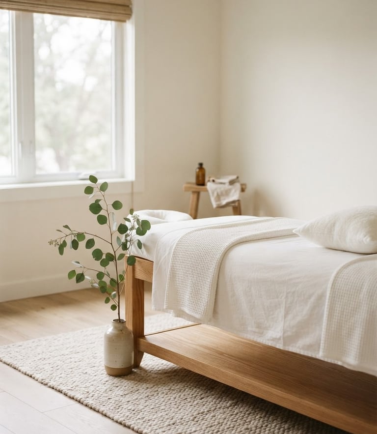 Warm editorial portrait of a quiet, empty treatment room with soft diffused window light, a natural wood table with crisp white linen sheets, and a single eucalyptus branch in a ceramic vase.