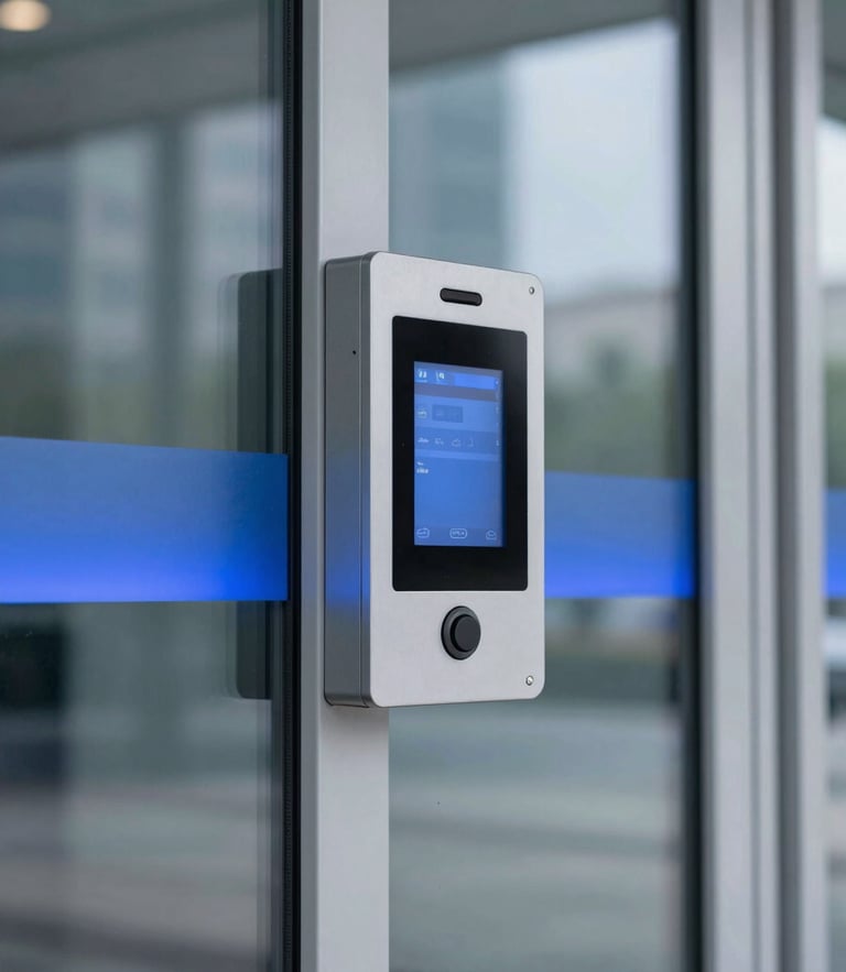 Abstract close-up of a secure glass and steel digital entry terminal in an elite corporate lobby, cool daylight, subtle royal blue ambient light, ultra-sharp focus