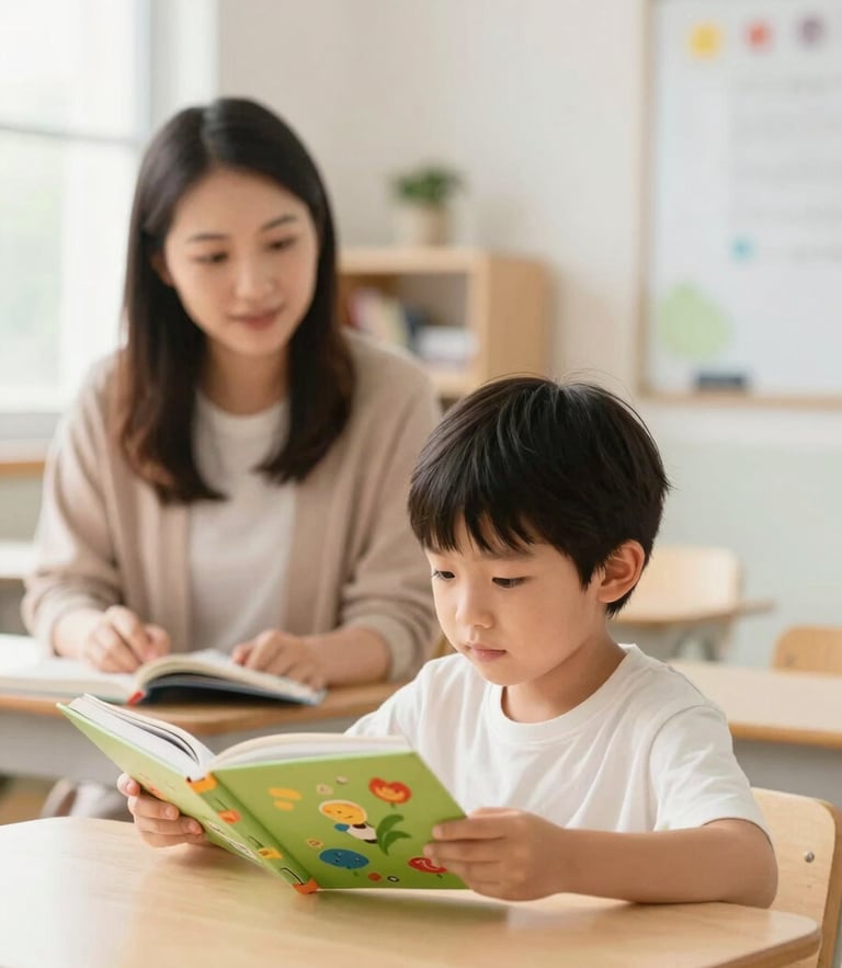 A warm, bright classroom setting with soft natural daylight, a child reading a colorful book with an educator nearby, shallow depth of field, warm editorial style.