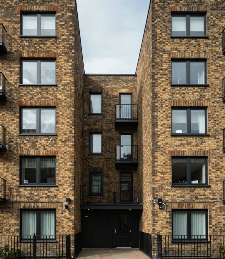 A straight-on, symmetrical exterior shot of a clean, modern brick apartment building in the UK under soft daylight, emphasizing structural permanence.