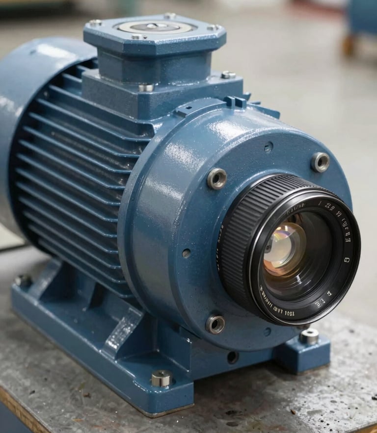 Close-up of a heavy industrial electric motor on a workshop bench, cool slate lighting, sharp metallic reflections, 35mm lens