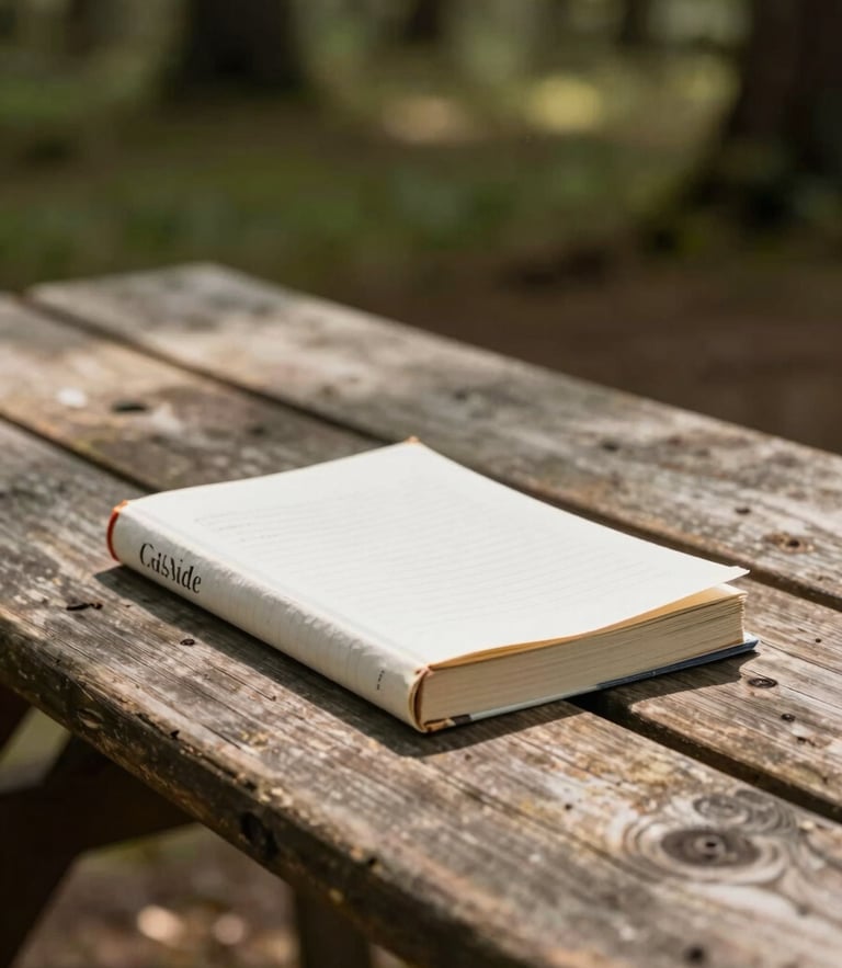 A dog-eared guidebook sitting on a rustic wooden picnic table in a sunlit forest, shallow depth of field, warm editorial style.
