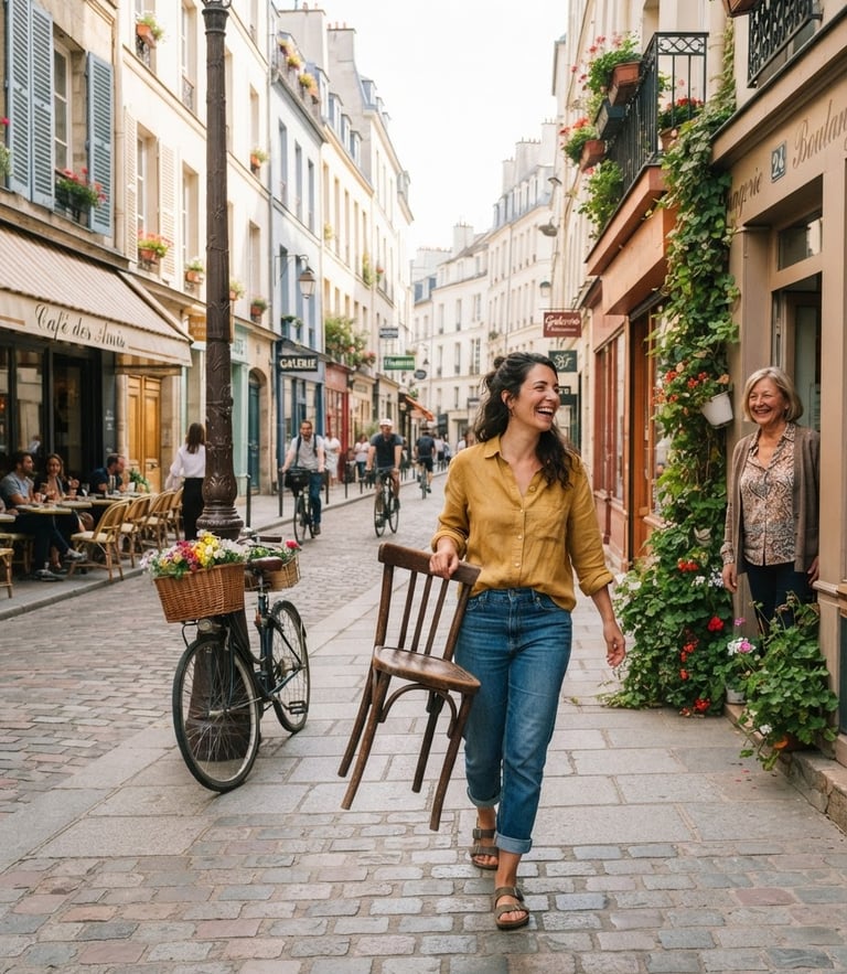 A bright, cheerful outdoor shot of a French neighborhood street, warm natural daylight, a person smiling while carrying a wooden chair to a neighbor, candid lifestyle photography