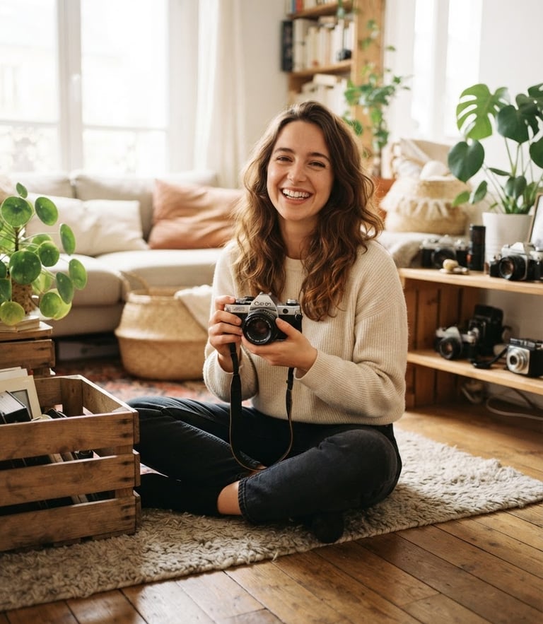 A cheerful French woman sitting on a bright living room floor, smiling, holding a vintage camera to sell, warm lifestyle photography, bright natural daylight