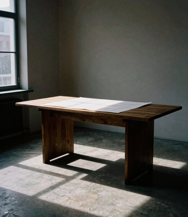 A wide-angle, high-contrast photograph of a minimalist architectural studio space, dramatic directional window light casting long shadows across a concrete floor, a single physical media layout on a dark oak table, desaturated tones, 35mm film grain.