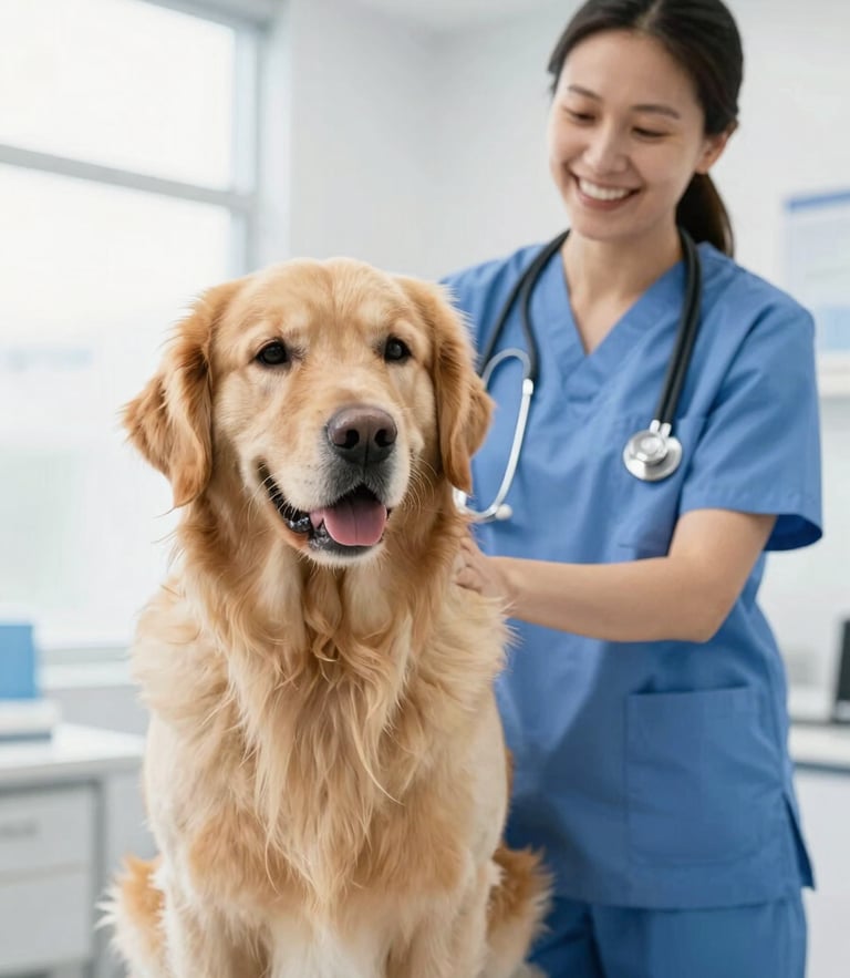 Bright high-key photography of a calm golden retriever sitting patiently next to a friendly veterinary caregiver in a clean modern St. Augustine clinic, soft natural daylight, shallow depth of field