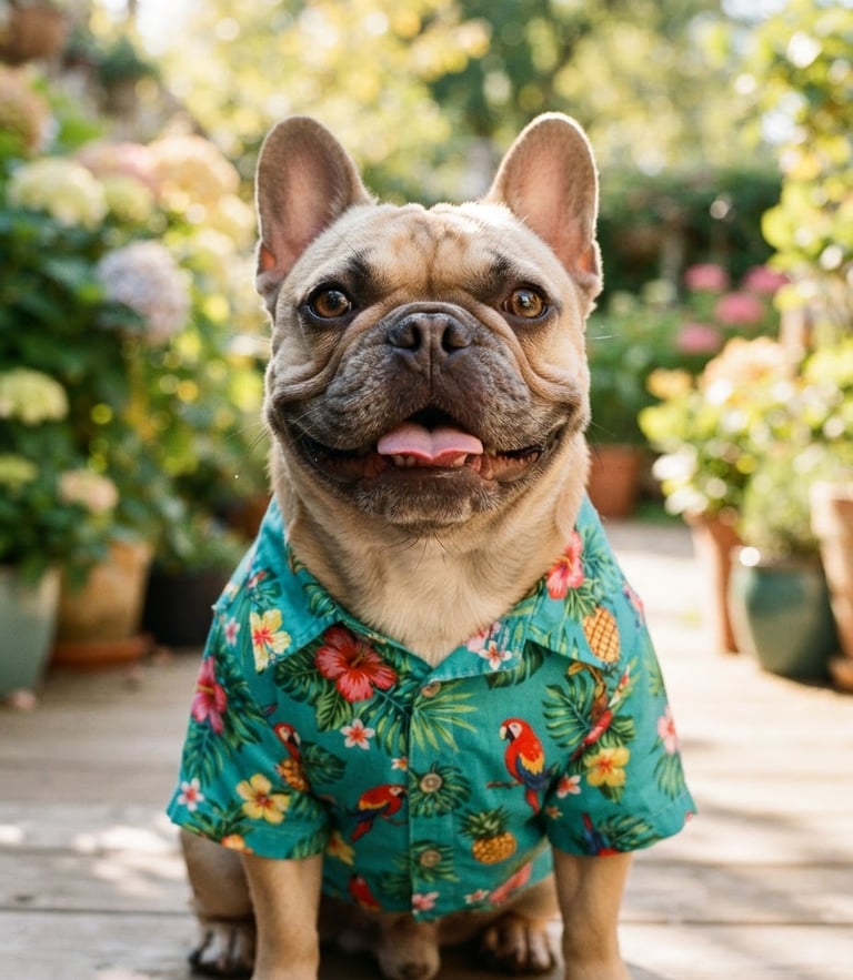 Bright warm photography, natural daylight, a happy French Bulldog wearing a colorful teal summer shirt looking directly at the camera, eye-level portrait, shallow depth of field, 35mm