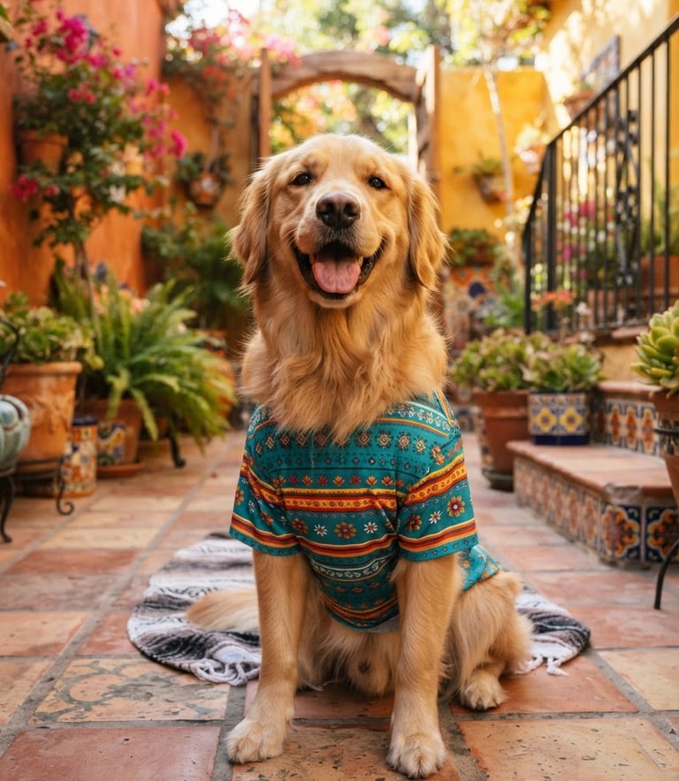 A happy, smiling golden retriever wearing a colorful teal pet t-shirt, sitting comfortably in a sunlit Mexican patio, eye-level portrait, 35mm