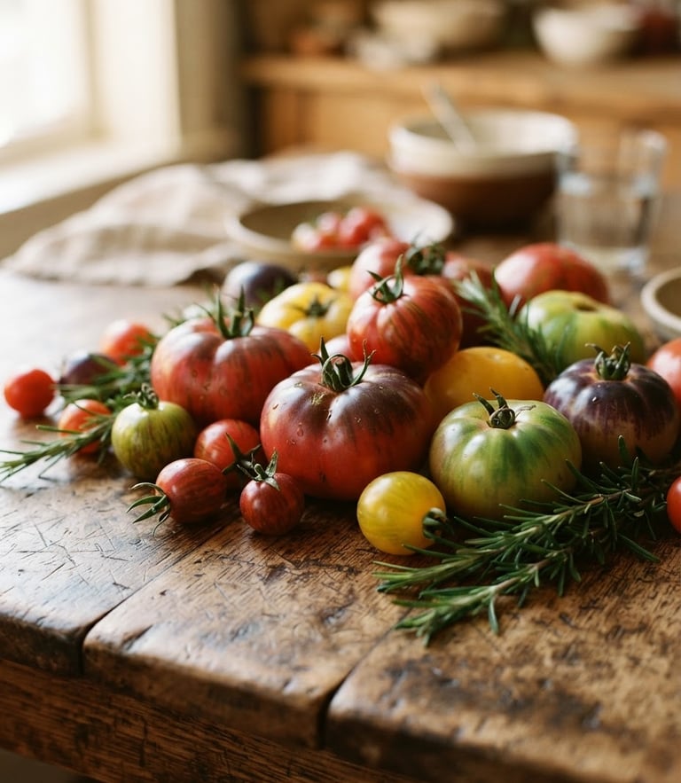 Warm editorial photography of natural daylight falling on a rustic wooden table with fresh heirloom tomatoes and rosemary, shallow depth of field, 35mm