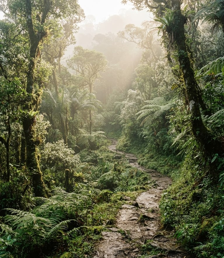 A serene forest path in Mount Gede Pangrango, soft morning mist filtering through lush green canopy, editorial travel photography, 35mm lens