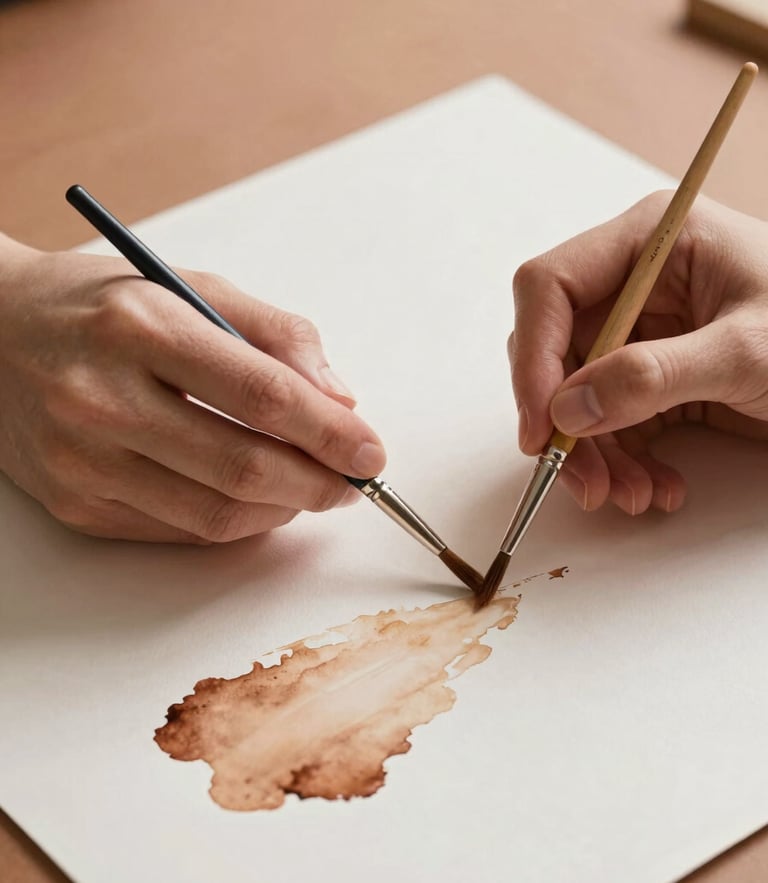 Hands holding fine paintbrushes over heavily textured watercolor paper, soft natural light, warm terracotta tones, minimalist studio setting.