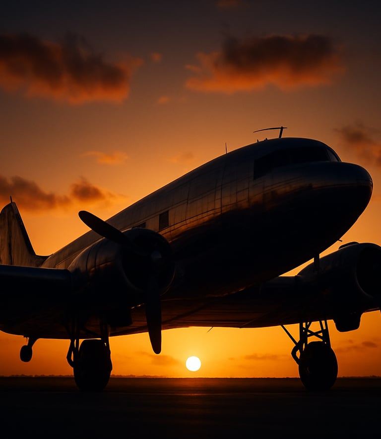 A classic DC-3 vintage aircraft silhouetted against a deep amber Key West sunset, low-angle heroic framing, soft warm light reflecting on the metallic fuselage, cinematic editorial photography, 35mm