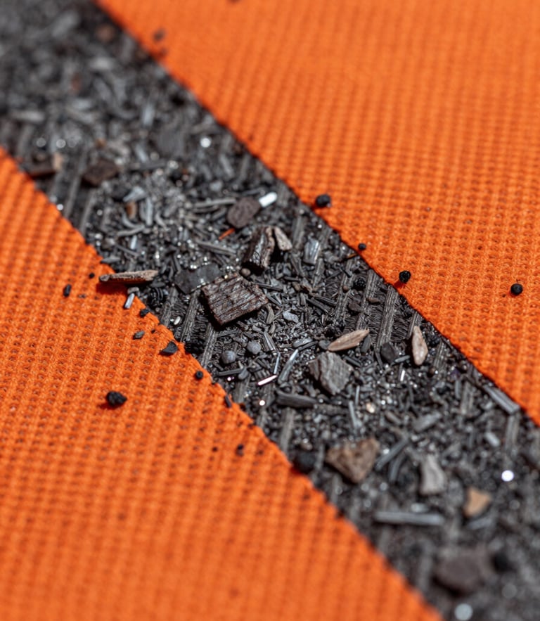 Macro close-up of a rugged high-visibility safety orange textile texture, charred wood ash particles resting on the weave, dramatic side lighting
