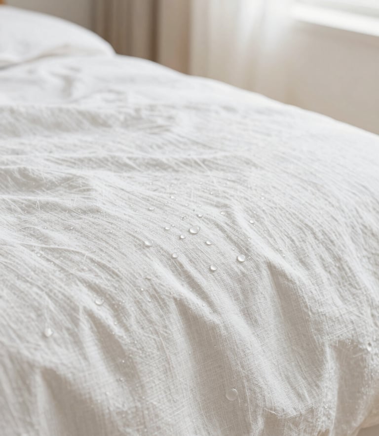 Macro shot of clean linen fabric texture, water droplets beautifully beading off the surface, bright natural daylight, crisp details, shallow depth of field
