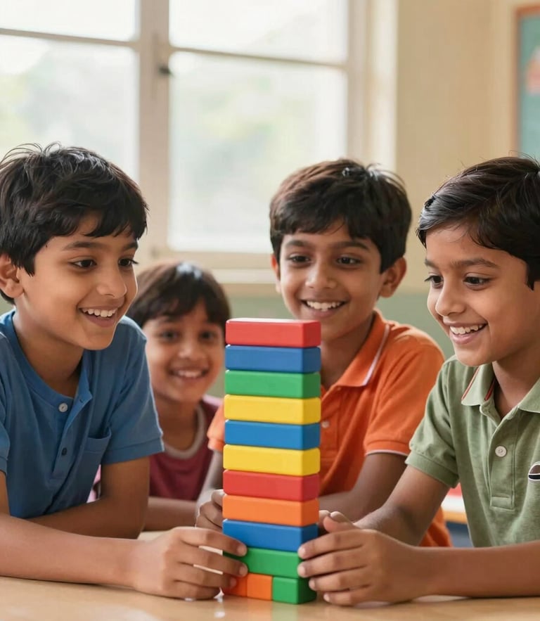 Bright joyful photography of happy Indian children building a colorful block tower together in a sunny classroom, natural window daylight, warm candid expressions