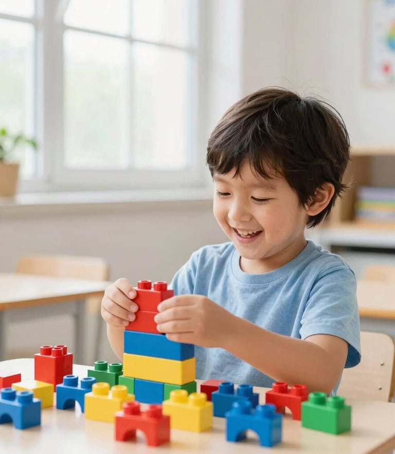 A happy child playing with colorful building blocks in a bright, sunlit classroom