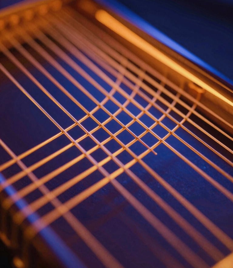 Macro close-up of a golden veena string vibrating under dramatic neon saffron and deep blue studio lighting, futuristic editorial photography, 35mm