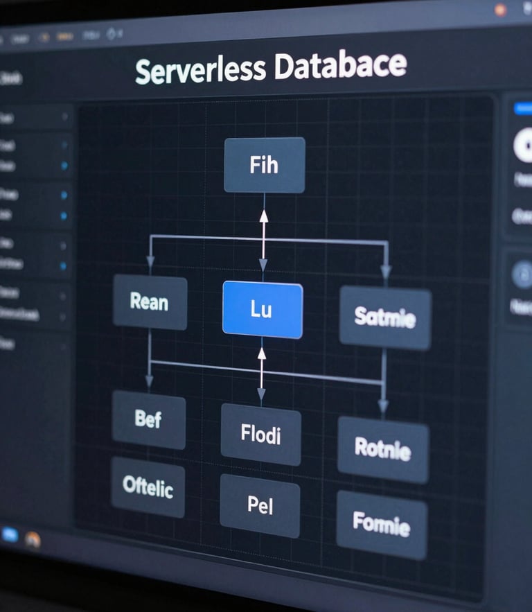 Macro-focused, high-fidelity UI visualization of a serverless database architecture interface, cool controlled studio light with subtle blue undertones, dark mode UI elements, razor-thin grid lines.